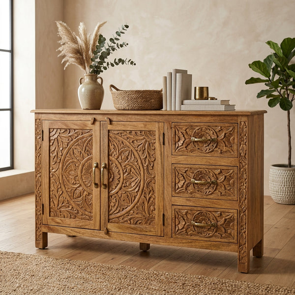 Hand-Carved Mango Wood Sideboard & Media Console