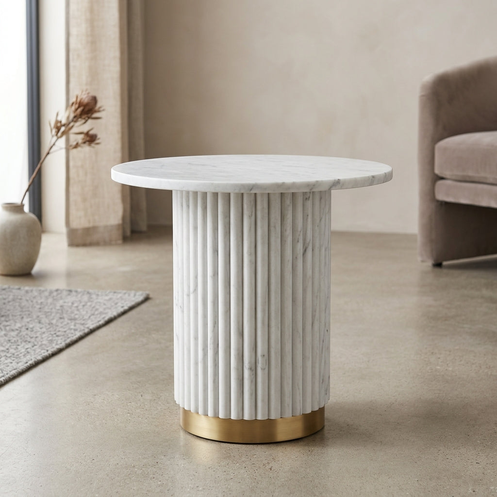 Fluted White Marble Side Table with Brass Base