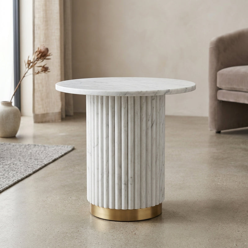 Fluted White Marble Side Table with Brass Base