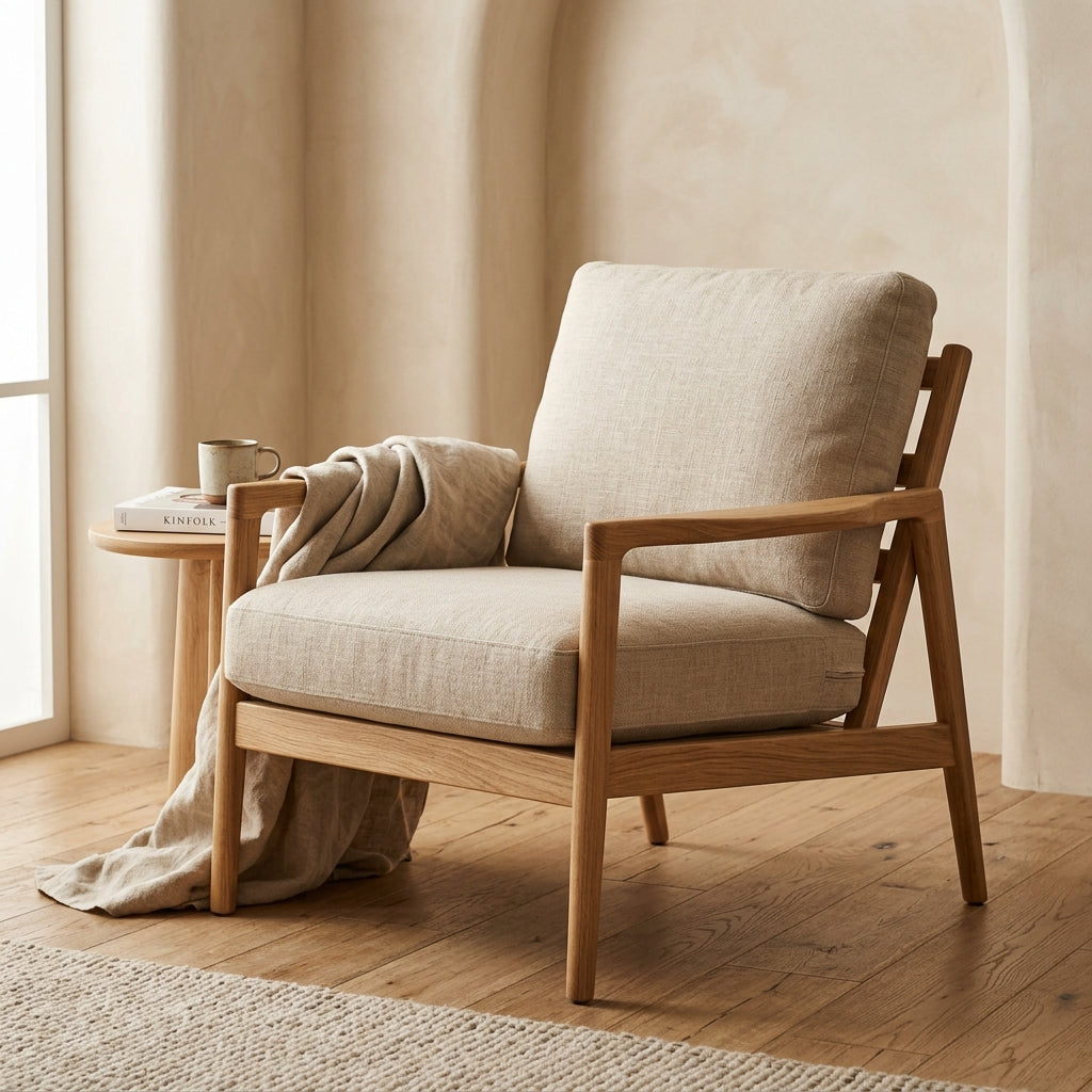 Classic White Oak Lounge Chair with Linen Cushion