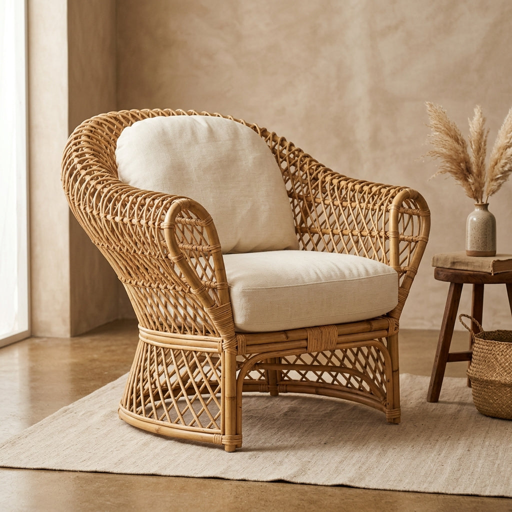 Handcrafted Rattan Accent Armchair with Cushion