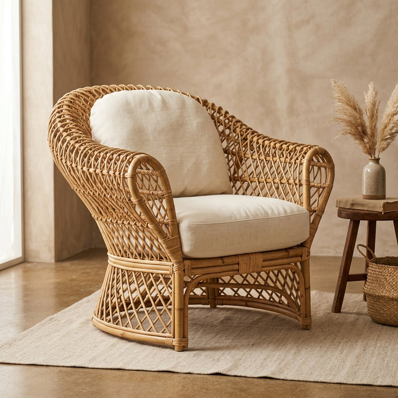 Handcrafted Rattan Accent Armchair with Cushion
